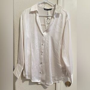 Zara Long sleeve White Satin Blouse Small